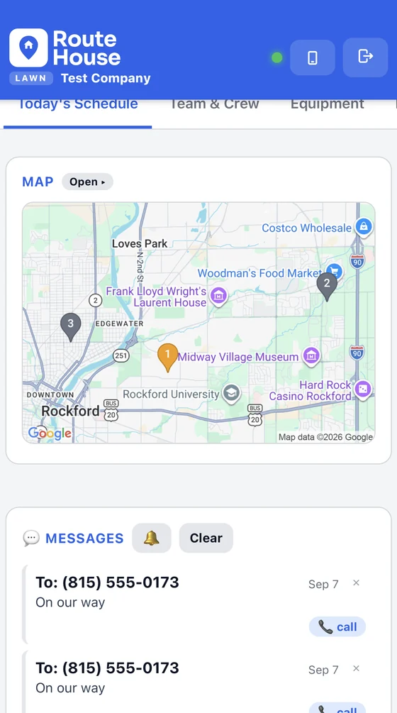 RouteHouse Lawn dashboard with today's stops numbered on a map and a messages panel of on-our-way texts with call buttons
