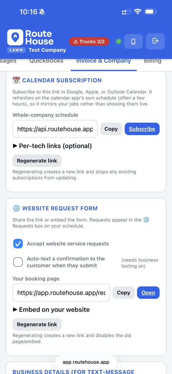 RouteHouse admin calendar subscription for Google, Apple and Outlook plus a website request form with a booking page link and embed option