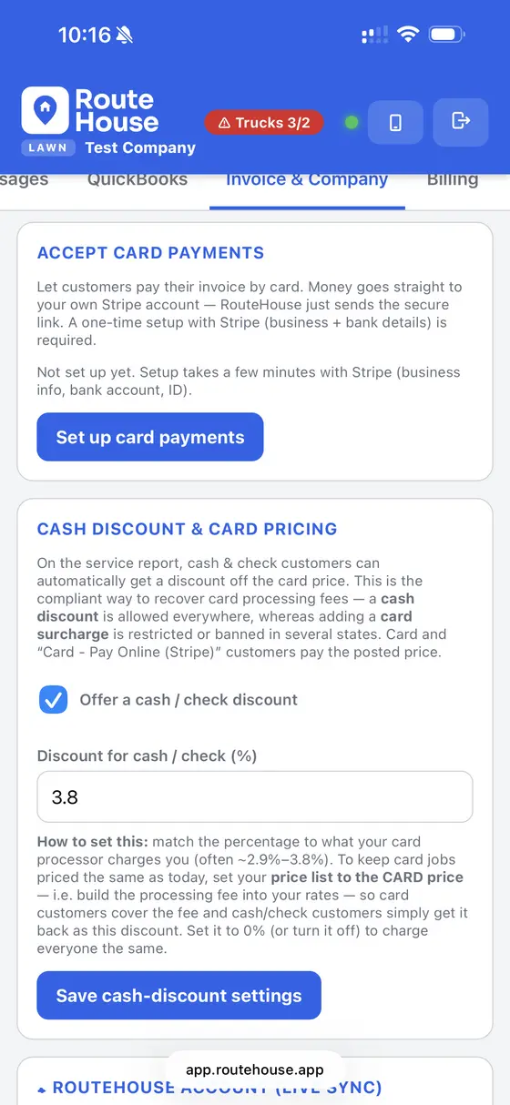 RouteHouse admin accept-card-payments screen wired to Stripe, plus a compliant cash and check discount setting
