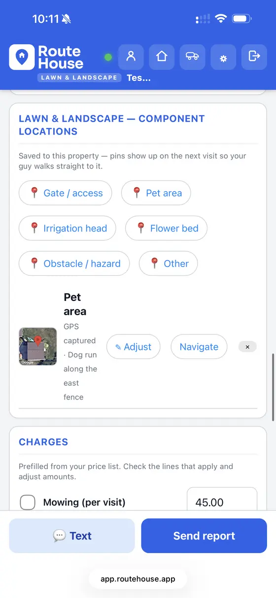 RouteHouse Lawn component-locations screen with GPS pins for gate, pet area, irrigation head and flower bed saved to the property, with a satellite thumbnail