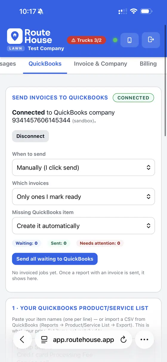 RouteHouse admin QuickBooks screen showing a connected QuickBooks Online company, when-to-send options, and automatic item creation
