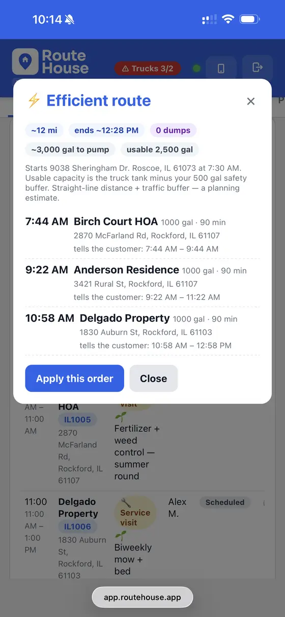 RouteHouse Efficient route summary with total miles, end time and each stop reordered with an arrival window to tell the customer