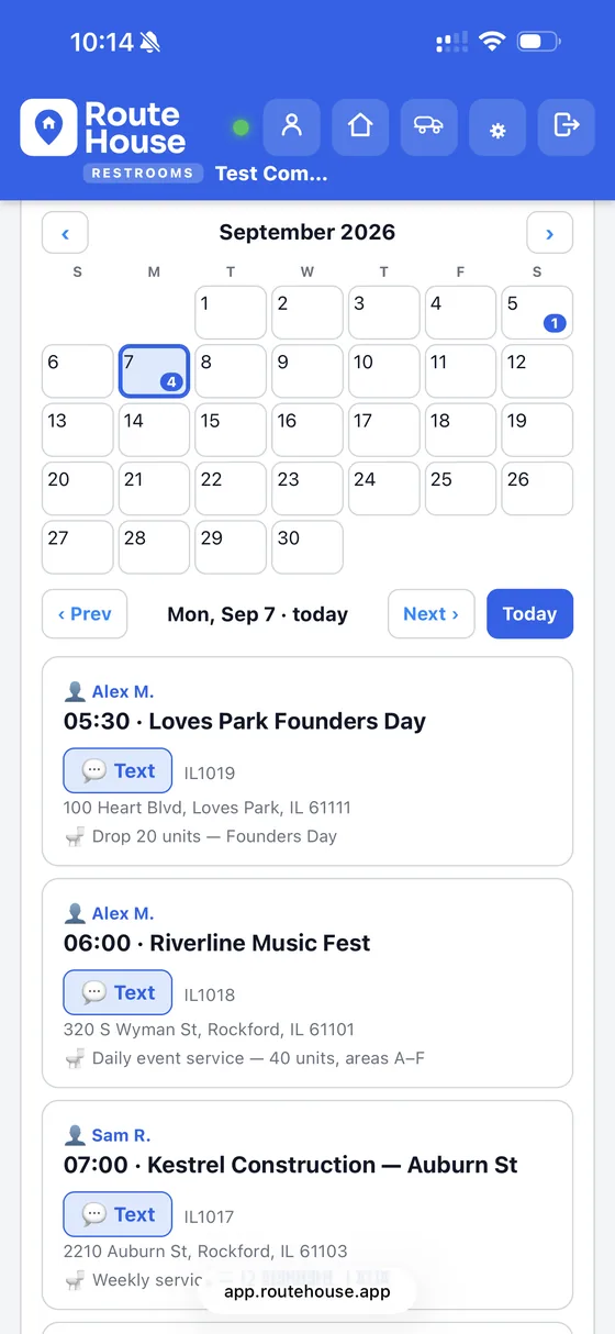 RouteHouse restrooms schedule calendar for September with event drops and weekly service routes assigned to drivers