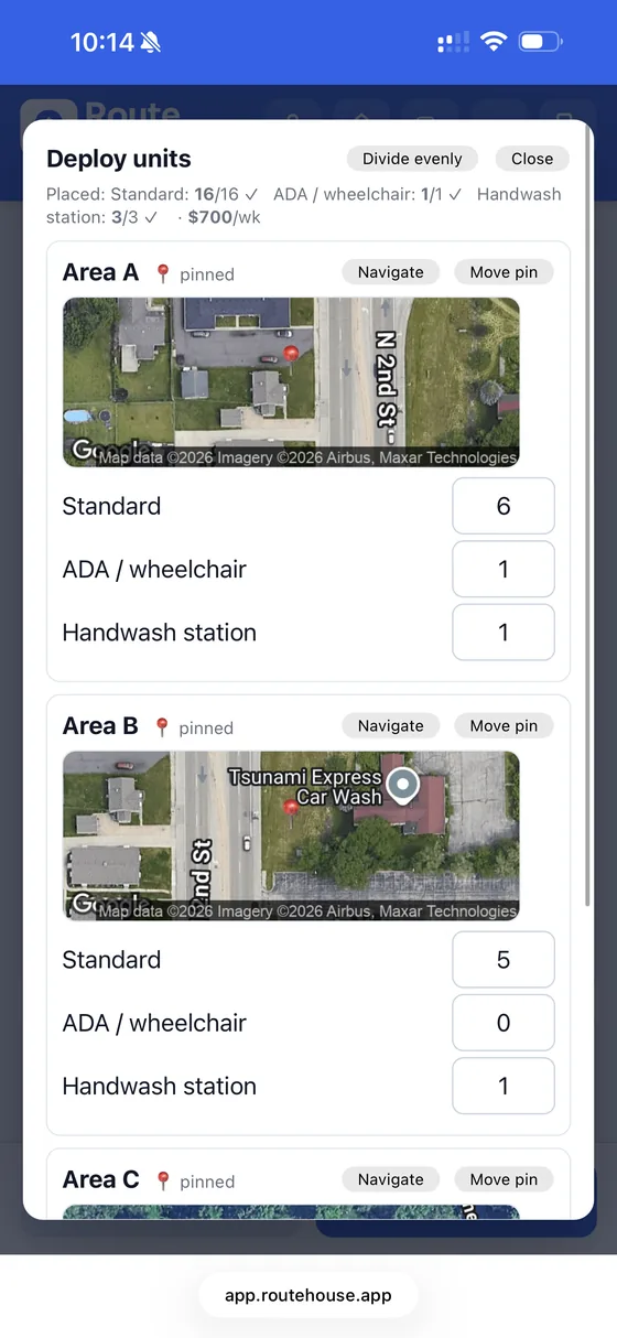 RouteHouse Deploy units screen placing standard, ADA and handwash units into named areas with satellite map pins