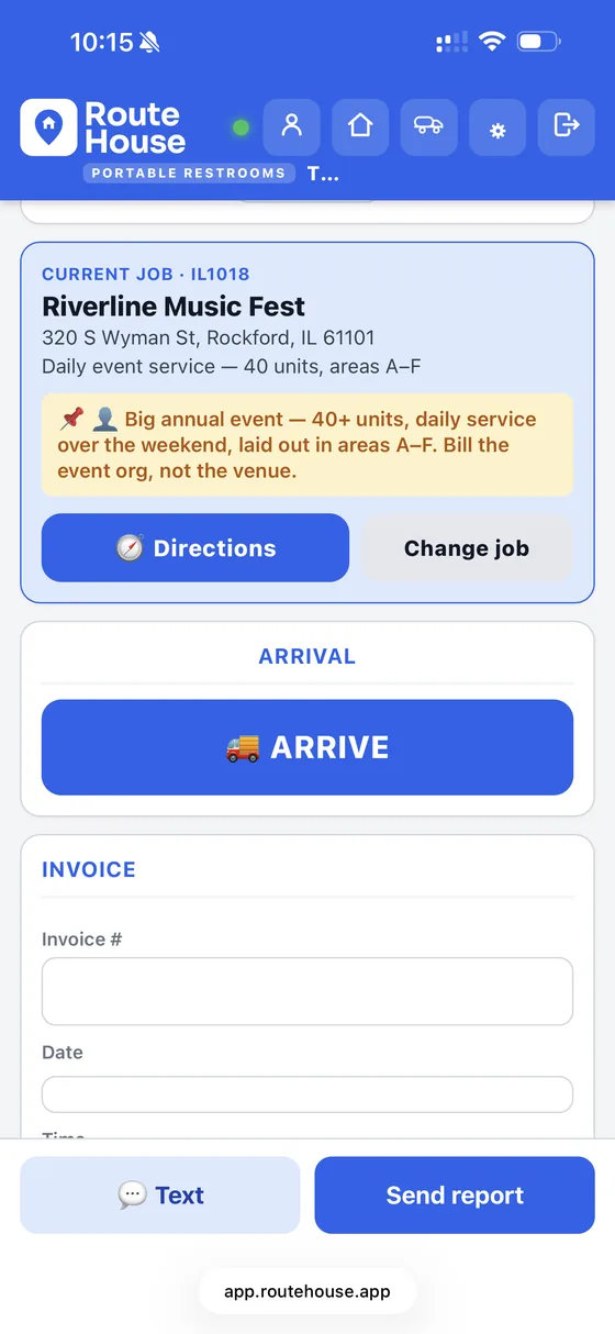 RouteHouse Portable Restrooms current-job screen for Riverline Music Fest — a 40-unit daily event service with the office note, one-tap arrive, and invoice fields