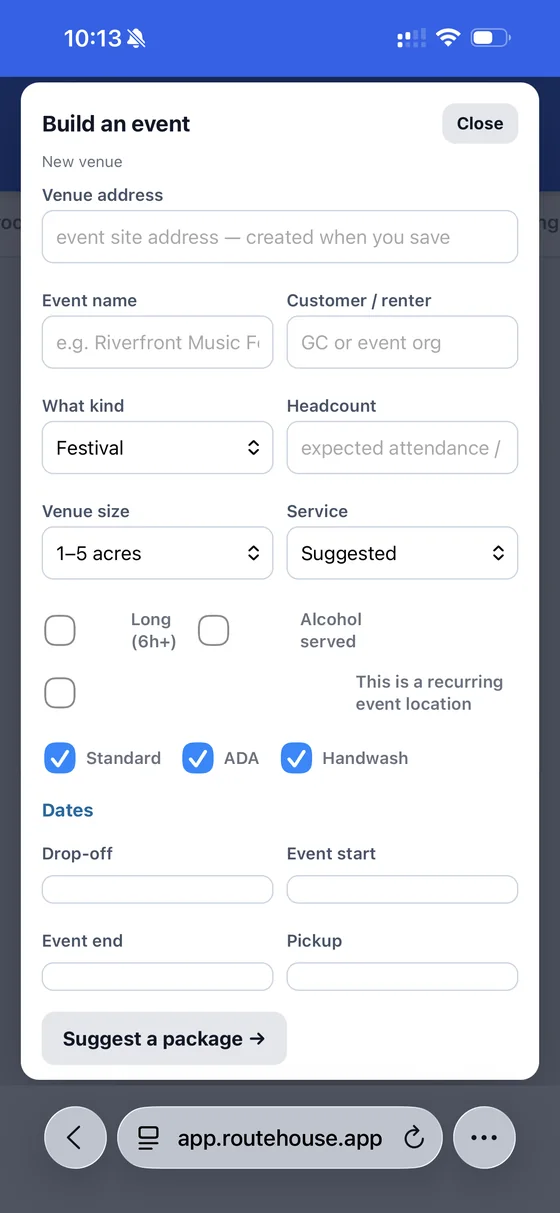 RouteHouse Portable Restrooms 'Build an event' screen on a phone — venue, event type, headcount, venue size, unit types (standard, ADA, handwash) and dates, with a 'Suggest a package' button that sizes the order for you