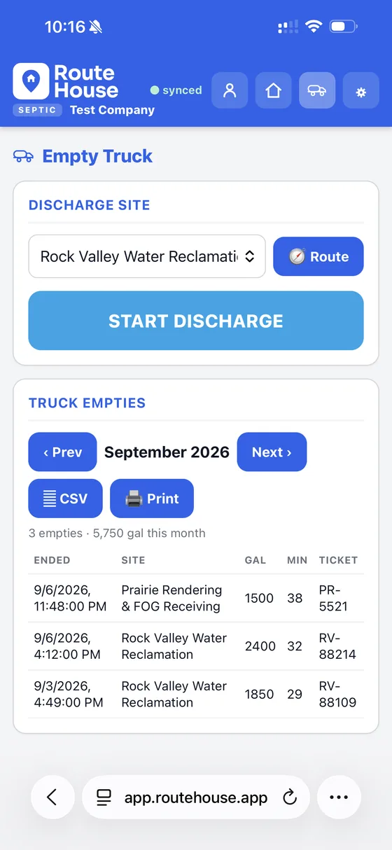 RouteHouse Septic empty-truck screen showing the discharge site and a log of truck empties with gallons and tickets