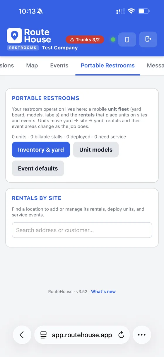 RouteHouse Portable Restrooms office console showing the unit fleet and yard, with unit models and rentals by site