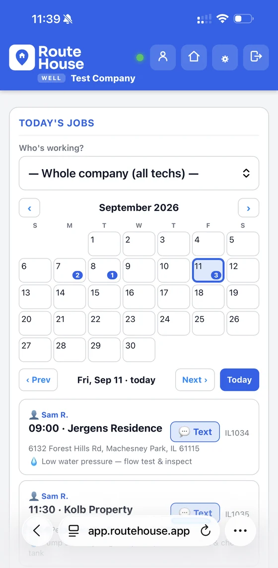 RouteHouse Wells & Pumps today's jobs screen with a technician filter, a September month calendar showing job counts per day, and the day's well calls listing tech, time, customer, address, property ID and the reported problem with a Text button on each