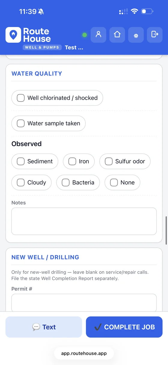 RouteHouse Wells & Pumps water quality section with chlorinated and sample-taken checkboxes, observed sediment, iron, sulfur odor, cloudy, bacteria or none, a notes field, and a new well / drilling section with a permit number